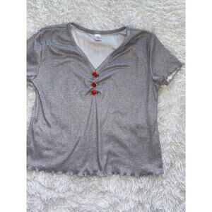 Women’s Sz. M (see Specs) Gray Ribbed V Neck Rose Tee. Cute, Exc. Cond